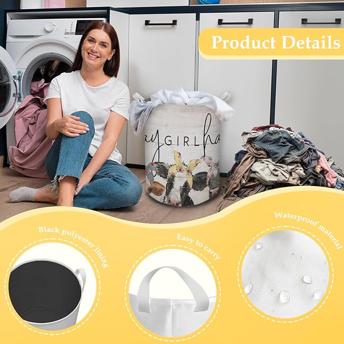 Farmhouse Cow Laundry Basket, Hay Girl Hay Waterproof Collapsible Laundry Hamper Dirty Clothes Storage Toy Bin Organizer for Girls Kids Room Bathroom Bedroom Nursery