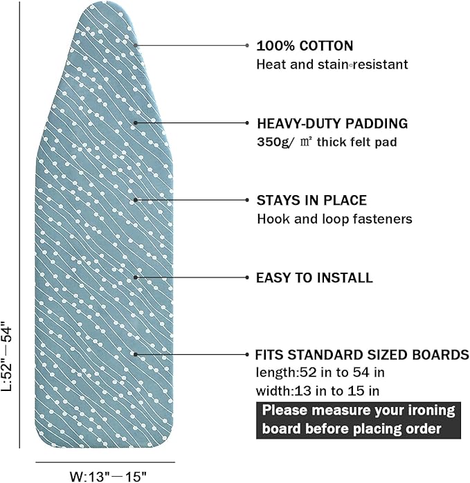 Ironing Board Cover and Pad Standard Size 15" x 54",3 Pairs of Hook and Loop Fastener Straps,Elastic Edges,Cotton Iron Board Cover with Scorch Resistant Thick Padding(White Circle)