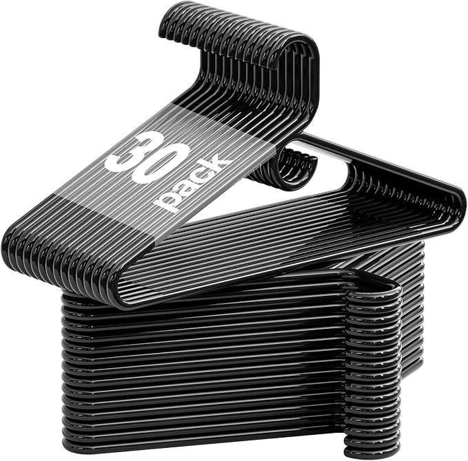 Heavy Duty Plastic Hangers 30 Pack, Black Plastic Hangers for Standard Size Clothes with Hook & Non-Slip Pants Bar for Shirts, Pants, Coat, Dresses, Jackets, Scarves and Belts