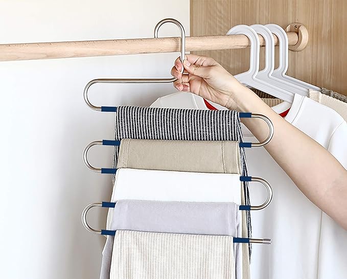 Devesanter Space Saving Non-Slip 6 Pack S-Shape Trousers Hangers - Stainless Steel Closet Storage Organizer for Pants, Jeans & Scarves - Blue