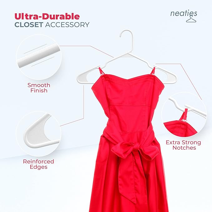 Neaties Plastic Hangers 50 Pack (60 Count) – Made in The USA – 6lb Capacity Standard Clothes Hangers with Notches and Reinforced Edges for Dresses, Lingerie, Shirts, Pants, and Jackets – Black