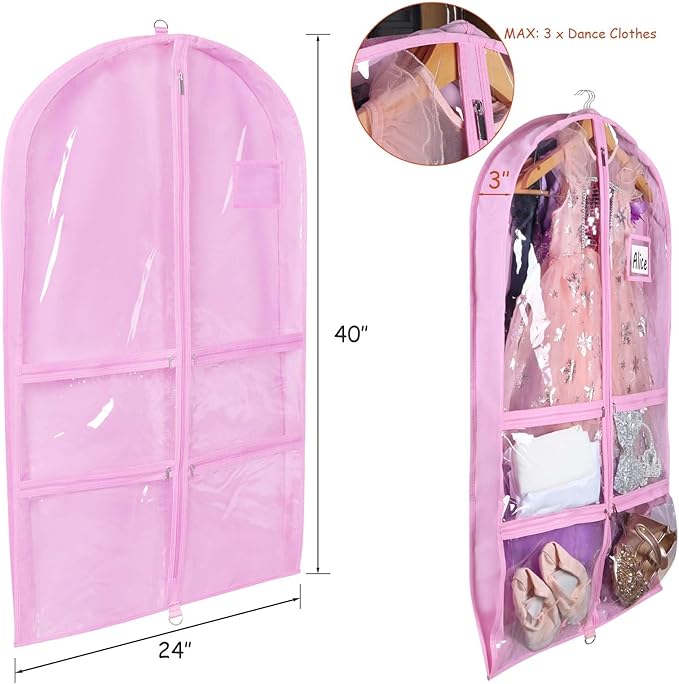 Syeeiex 3" Gusseted Clear Dance Costume Garment Bag(5 Pack), 40'' Dance Garment Bags for Dancers with 4 Zipper Pockets & Can Hold 1-3 Dance Costumes - Suitable for Dance Competitions, Ballet(Pink)