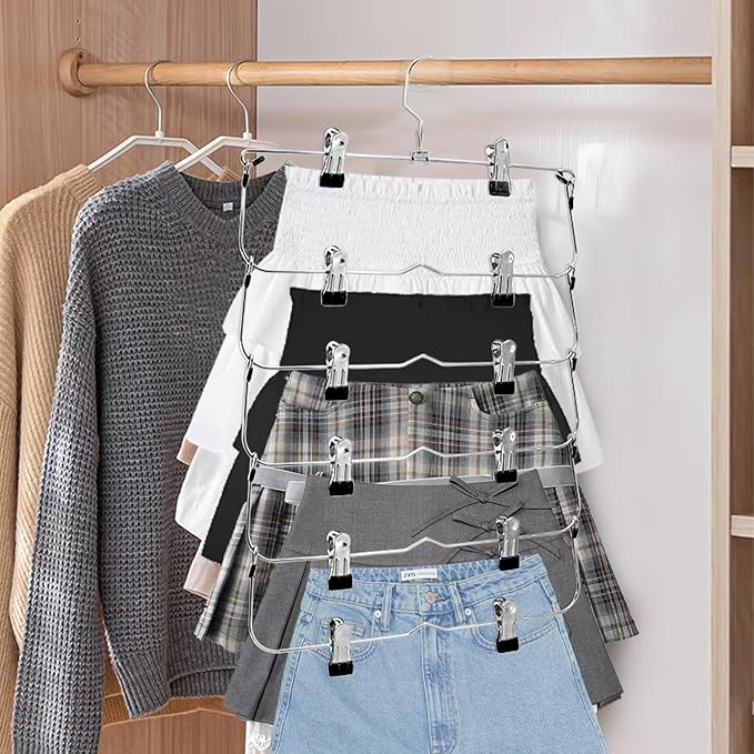 Skirt Pants Hangers with Clips，6Tier Skirt Hangers Space Saving,Metal,Non Slip Closet Organizer and Storage Multi Clothes Shorts Hanger Organization(2, Black)