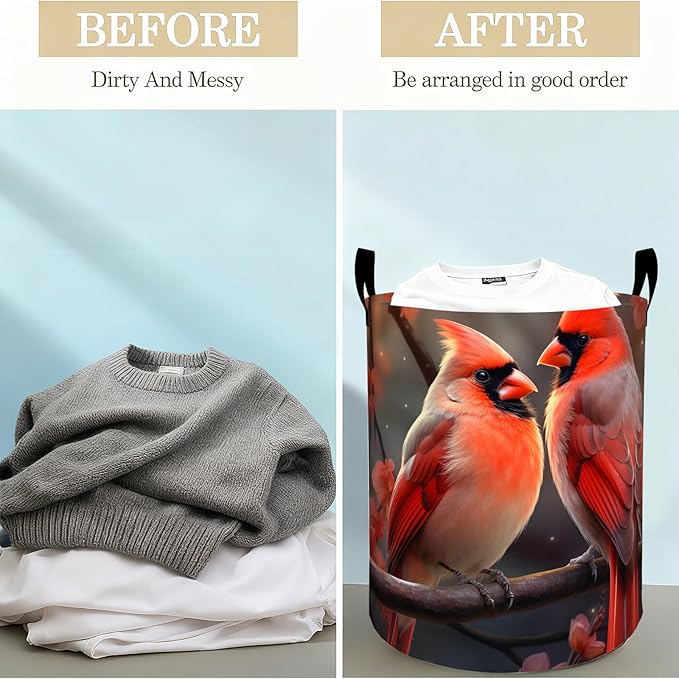 Cardinal Birds Laundry Basket Hamper for Boys Girls Kids Adults, Foldable Waterproof Oxford Clothes Storage Bin, Red Bird Organizer for Bedroom Bathroom Room Decor 19.7"x15.8"
