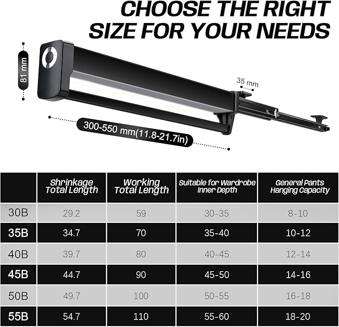 Pull Out Closet Valet Rods with LED Lighting, Adjustable Heavy Duty Steel Clothes Storage Hanger Rail, Sliding Top Mounted Wardrobe Rail with Built-in Lithium Battery for Pants Coats(500mm/19.6inch)