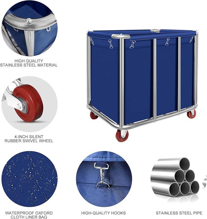 Commercial Laundry Cart with Wheels 11.35 Bushel Industrial Laundry Carts Basket Trucks Heavy Duty Large Laundry Carts Hampers Reinforced Steel Frame,440 lbs Load, Blue