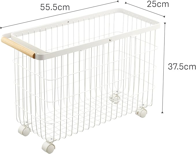 Yamazaki Home Tosca Compact Rolling Laundry Basket Cart - Metal Hamper With Wheels And Handle For Easy Mobility - Space-Saving Storage Solution, 15" - Steel + Wood - 9.2 Gallons, 35L