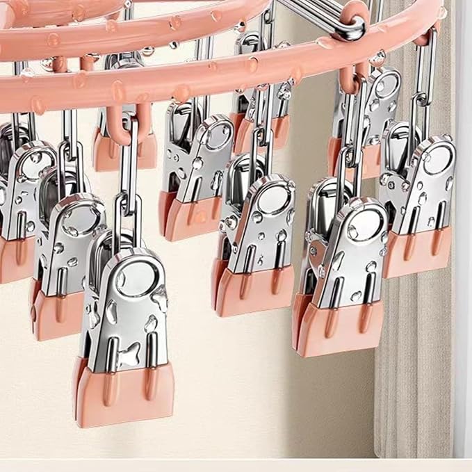Drying Rack for Sock, Stainless Steel Sock Drying Rack with 24 Clips, Swivel Hook Windproof Hanger for Sock, Bras, Towel, Underwear, Laundry, Hat, Scarf, Pants, Gloves(Pink)