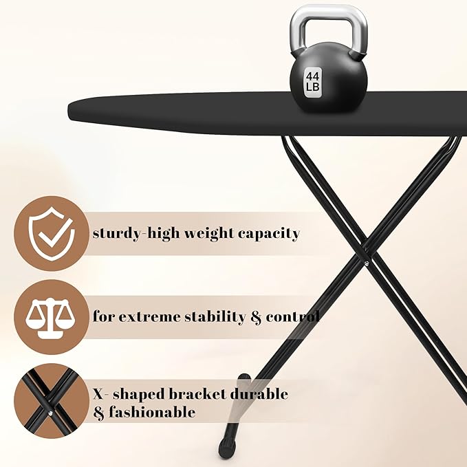 Ironing Board, Compact and Space Saver,Size 13 x 43, Metal Construction Ironing Boards with Extra Thick Heavy Duty Padded, Stable Structure,Skid Feet, Premium Iron Board (Black)