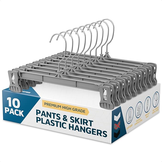 Lifemaster Pants Hangers with Clips Pack of 10, 12-Inch Heavy-Duty Clothes Hangers with Non-Slip Ridged Grip Clips & 360° Swivel Hook, Space-Saving Closet Organizer for Pants, Skirts & Shorts, Gray