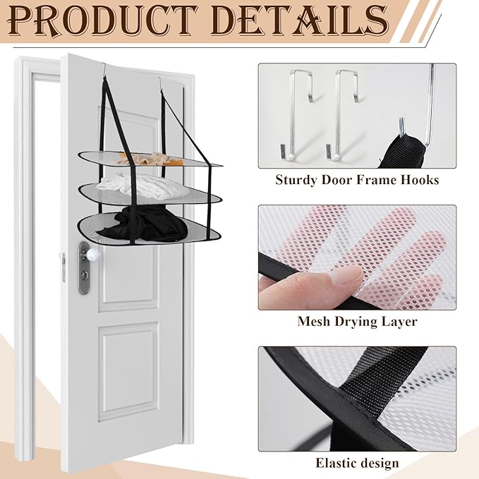 2 Pcs 3 Tier Sweater Drying Rack Flat Mesh Foldable, Over The Door Folding Drying Rack for Sweater, Clothes, and Room Organization, Perfect for Apartments Dorms Bathrooms (Black, 26.5x18x34.5 IN)