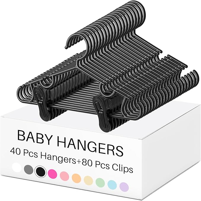 Hsei 5/10/40 Pack Baby Hangers with 10/20/80 Clips, Plastic Kids Pants Hangers for Nursery Closet Top and Bottom Clothes Hanger Set for Newborn Infant Toddler(120 Packs Total,Black,10.6 Inch)
