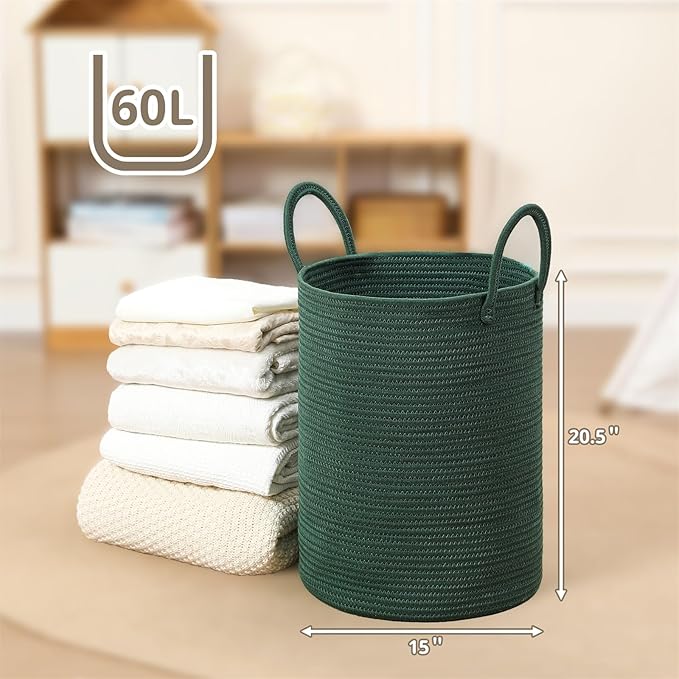 60L Large Woven Laundry Basket Hamper, 100% Natural Cotton Rope, Handwoven & Durable, Storage for Blankets, Toys, Clothes, Decorative Nursery Hamper for Living Room, Baby Room, Bedroom (Dark Green)