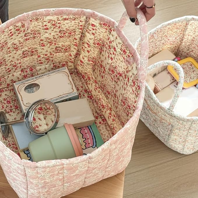 Quilted Fabric Storage Basket Boho Floral Laundry Baskets with Handles Collapsible Quilted Soft Basket for Car, Clothes, Toys Storage