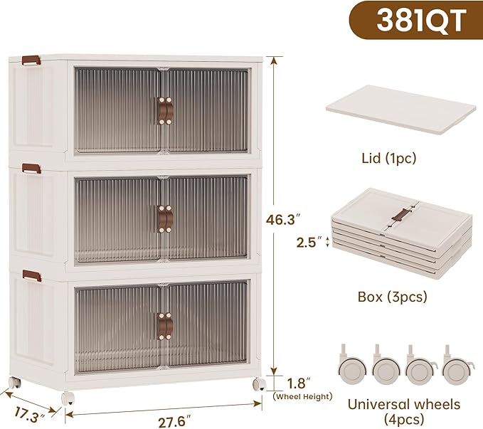 SAILUN 381Qt Extra Large Stackable Storage Bins Folding Collapsible Storage Bins with Lid, Closet Organizers and Storage Box with Door Beige 28" W x 17" D x 46" H