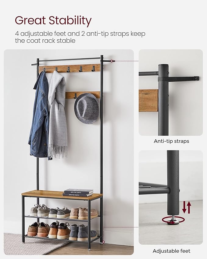 VASAGLE Coat Rack, Hall Tree with Shoe Storage Bench, Entryway Bench with Shoe Storage, 3-in-1, Steel Frame, for Entryway, 12.6 x 27.6 x 68.9 Inches, Industrial, Rustic Walnut and Black UHSR041B41
