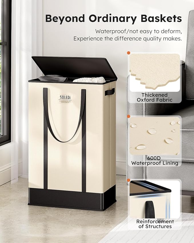 SOLEDI Slim Laundry Hamper with Lid,Collapsible Narrow Laundry Basket with Handles,Tall Skinny Dirty Clothes Hamper for Laundry Room,Dorm,Bathroom,Bedroom,and Small Spaces, 53L Beige