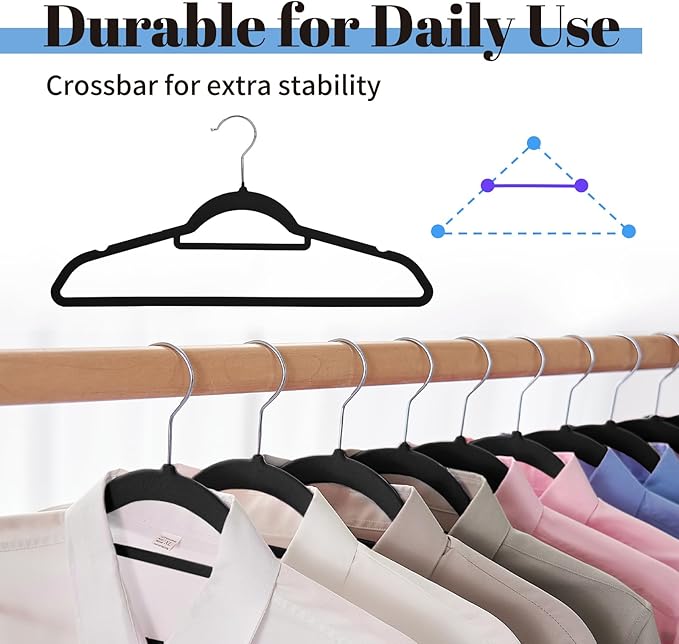 Smartor Black Velvet Hangers 60 Pack, Space Saving Clothes Hangers with Tie Bar, Non-Slip Felt Hanger with Shoulder Notches, Heavy Duty Suit Hanger for Coat, Shirt, Pants, Dress