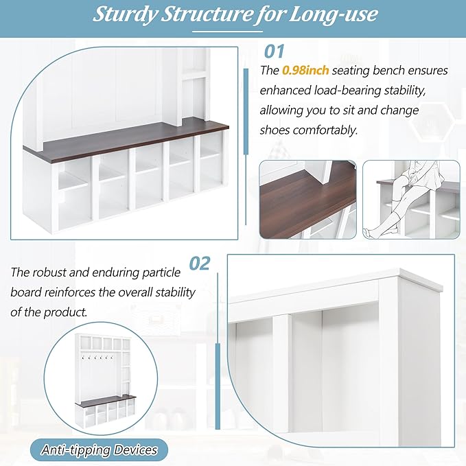 Farmhouse Entryway Bench with Coat Rack, Wooden Hall Tree with 6 Hooks, Walnut Storage Bench with Adjustable Shelves, 4-in-1 Entryway Shoe Cabinet with 13 Cubbies for Mudroom (White/172)