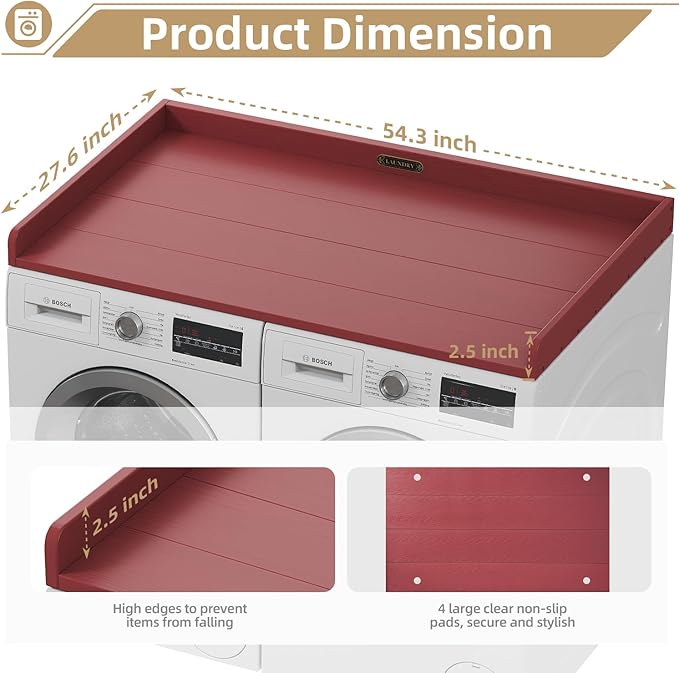 No-Installation HDPE Washer Dryer Countertop Washer and Dryer Topper Covers for The Top Laundry Countertop Laundry Room Organization No Water Leakage,Red