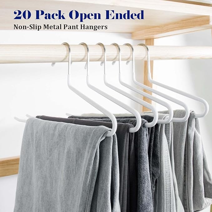 20 Pack Open Ended Pants Hangers with Non Slip Design,Suitable for Trousers,Jeans,Towels for Closet Space Saving,Durable Metal Material with Rubber Coating (White)