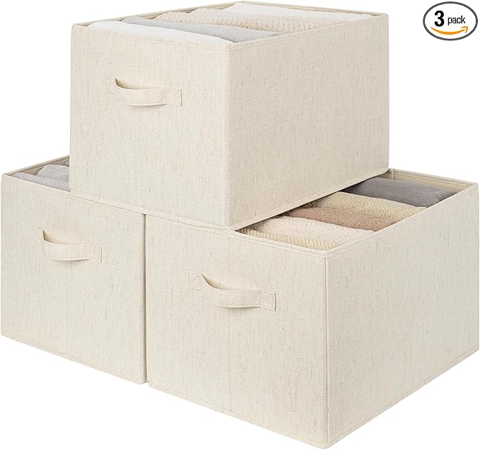 StorageWorks Closet Organizers and Storage Bins, Shelf Baskets for Clothes Storage, Fabric Storage Bins for Organization, Beige(Cotton-linen), 3-Pack, Extra Large