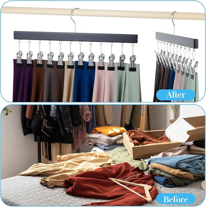 Legging Organizer for Closet 4 Pack, Pants Leggings Hangers with 12 Clips, Holds 48 Pants, Jeans, Hats, Shorts, Socks, 360° Rotating Space Saving Hanging Clothes Organizer for Closet Storage