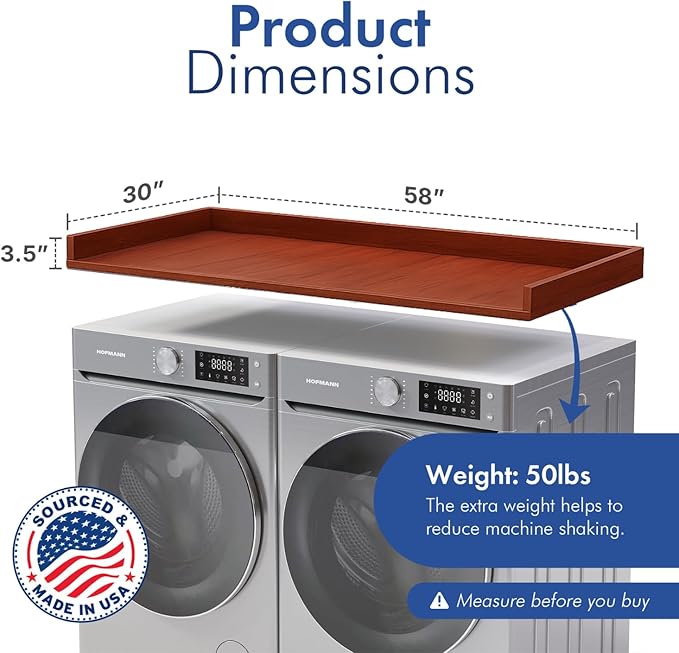 OfficeSimpli Washer Dryer Countertop, Made in USA, Non-Slip Pads, Laundry Room Wood Topper, Washer Dryer Cover for Top, Laundry Countertop, Laminate Finish (Mahogany, Large (30" x 58"))
