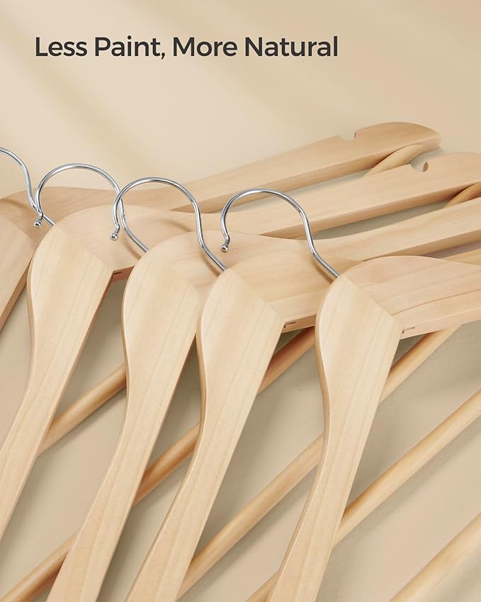 SONGMICS Wooden Hangers, Pack of 12, Coat Hangers, Non-Slip, Pants Bar, 360° Swivel Hooks, for Jackets, Shirts, Coats, Natural Wood UCRW010N12