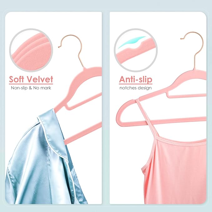 50pcs Pink Velvet Hangers + 6pcs Black Pants Clothes Hangers