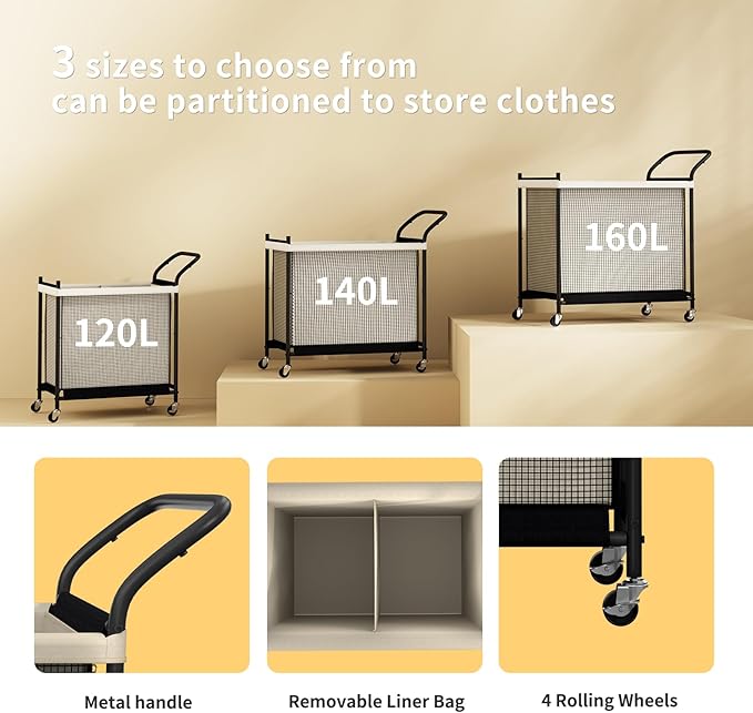 Laundry Hamper with Wheels,Laundry Basket with Removable and Washable Liner Bag, Metal-frame Laundry Cart with Handle for Bedroom, Bathroom, Dorm Room, Laundry Room (140L)