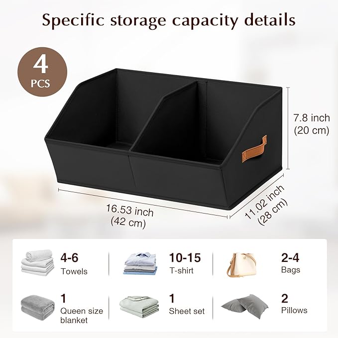 Closet Organizers and Storage Bins - 4 Pack Collapsible Divided Trapezoidal Cube Storage Bins Baskets with Orange Handlefor Organizing Clothes Blankets, Toys, Books, Towels(Black)