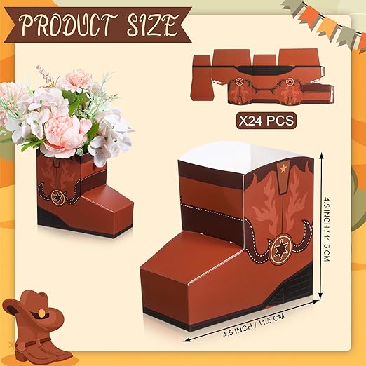 24 Pcs Cowboy Boots Paper Boxes Western Theme Party Decorations Favors Wild West Popcorn Boxes Boot Shape Bag for Cowboy Birthday Bachelorette Baby Shower Party Supplies(Brown)