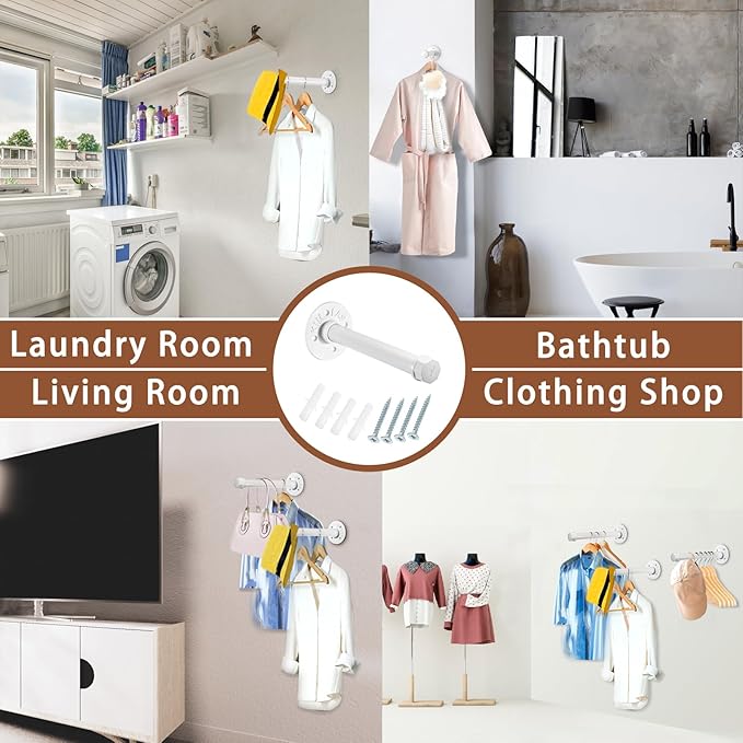 Sumnacon 2 Pcs 8 Inch Industrial Pipe Clothes Bar - Heavy Duty Rustic Metal Coat Hanger with Screws,Wall-Mounted Garment Holder Rack for Bedroom Bathroom Wardrobe Boutique Clothing Store, White