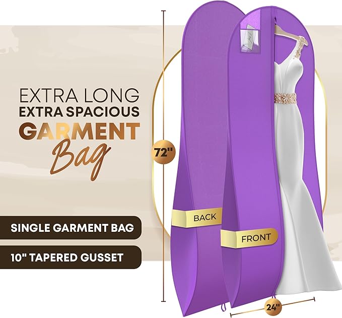 72" Tapered Long Dress Bags for Gowns - Wedding Dress Garment Bag for Dresses - Long Garment Bags for Hanging Clothes & Closet Storage, Dress Bag for Airplane
