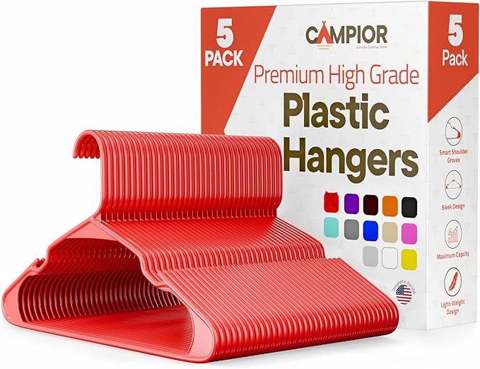 Plastic Clothes Hangers – Heavy Duty Hanger Set, for Organizing Clothes, Dresses, and Coat, Holds Up to 5 lbs, Space-Saving Hangers with Non-Slip Shoulder Grooves, Pack of 5, Red