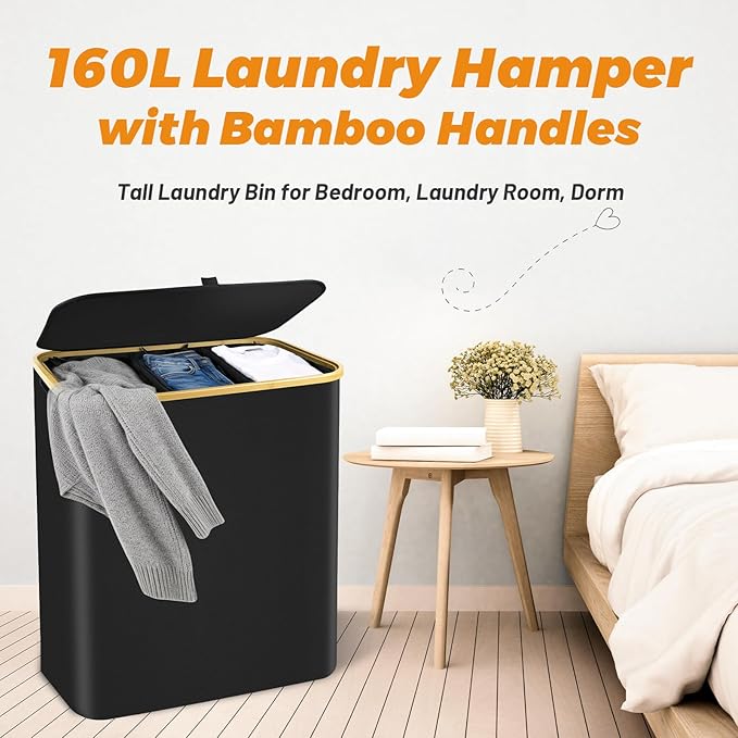 160L Laundry Hamper 3-Section, Laundry Basket with Lid, Dirty Clothes Basket, Laundry Basket Organizer with 5 Sorting Labels and 2PCS Laundry Bags for Bedroom, Dormitory, Laundry Room