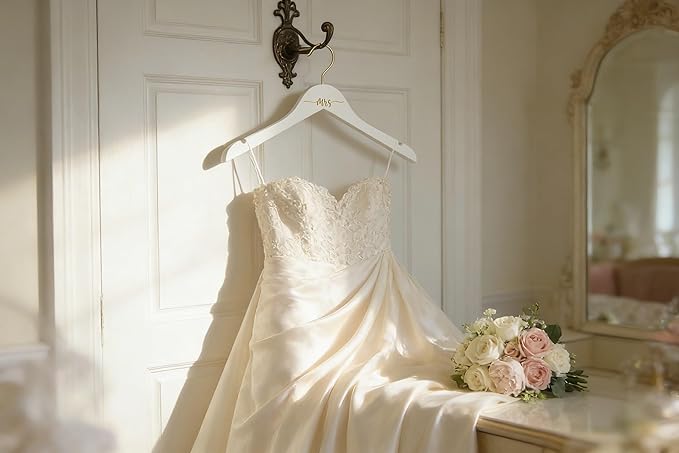 Mrs Hanger Engraved Gold | White Wood Wedding Hanger | Bridal Getting Ready Photo Prop | Wedding Dress Hanger | Bride Gift