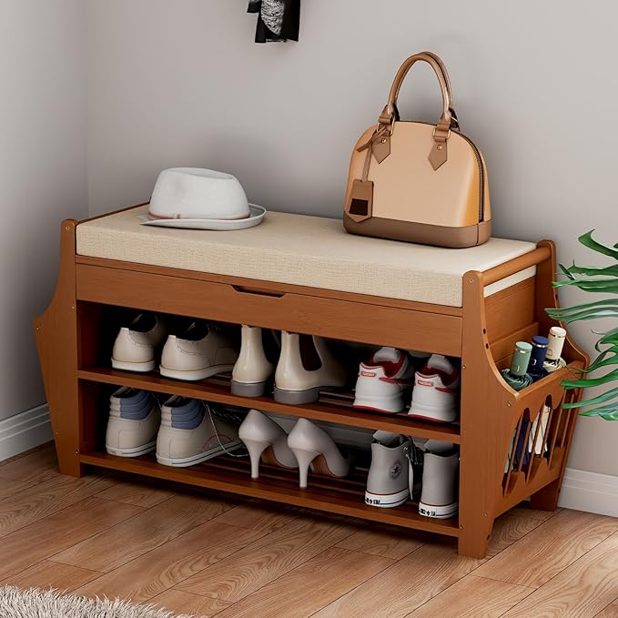 34.3in Shoe Bench, Bamboo 3-Tier Entryway Bench with Storage, Shoe Rack Organizer Holds Up to 330 lb, 34.3 x 11.8 x 18.9 Inches for Entryway Bedroom Closet Living Room Hallway