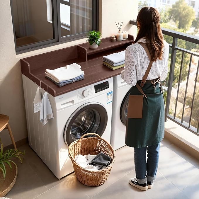 Washer and Dryer Countertop with Shelf, HDPE 2-Tier Laundry Countertop, 54" Wide Laundry Machine Topper with 2 Hooks & Non-Slip Pads for Laundry Room Organization and Folding Clothes (Brown)