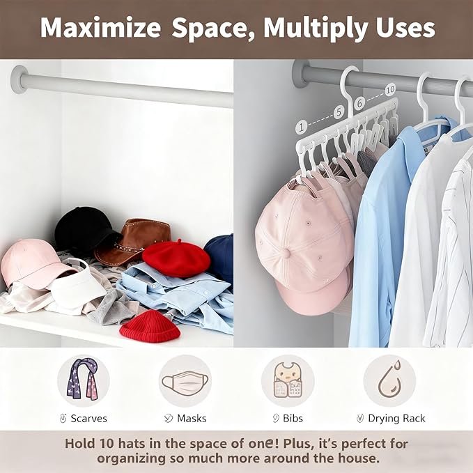 360° Rotatable Hat Organizer for Closet Hanger with 5 Hooks & 5 Clips - Adjustable Space-Saving Closet Rack for Baseball Caps and Hats, White