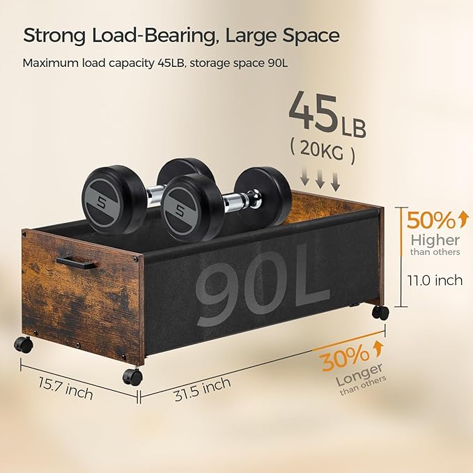 Under Bed Storage with Wheels, Wooden Under Bed Drawers On Wheels, Rolling Under Bed Shoe Storage, Space Saving, Rustic Brown,90L