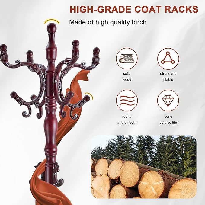 Wooden Coat rack freestanding, Coat racks stand with storage basket, Heavy duty coat tree standing with 11 Hook for Bedroom, Entryway, Hallway, Office,Stury Base (Triangle Redwood)