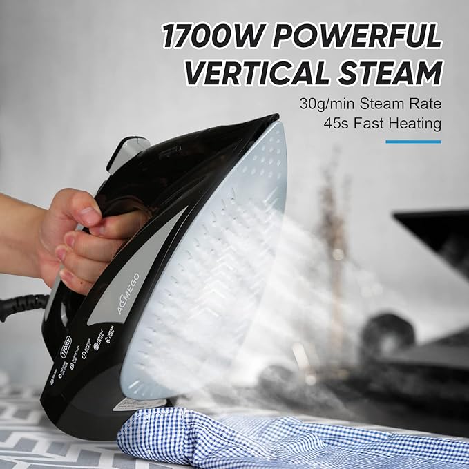 Steam Iron for Clothes Portable Anti Drip Clothes Iron Steam with Non Stick Ceramic Soleplate Auto-Off Self-Cleaning Function Travel Iron with Visible Water Tank for Home (1700W Black)
