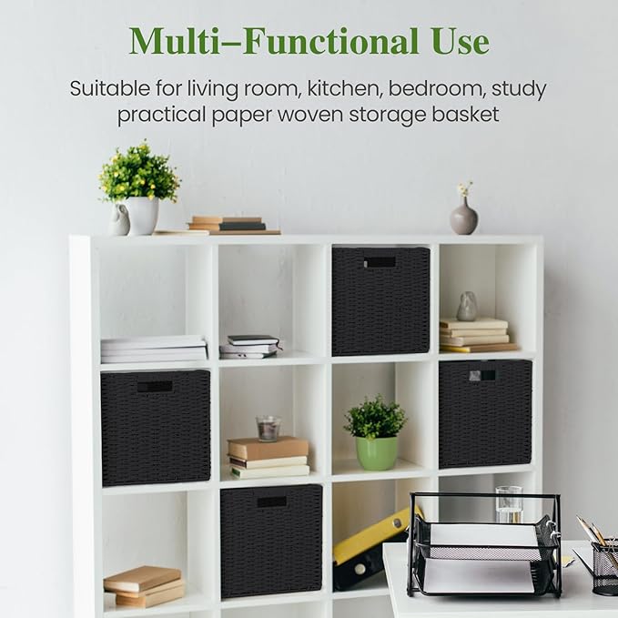Woven Wicker Storage Baskets 2-Pack, 11x11 Handwoven Paper Rope Organizer Bins, Foldable Cube Storage Cubes with Built-in Handles for Shelves and Closet Organization(Classic Black)