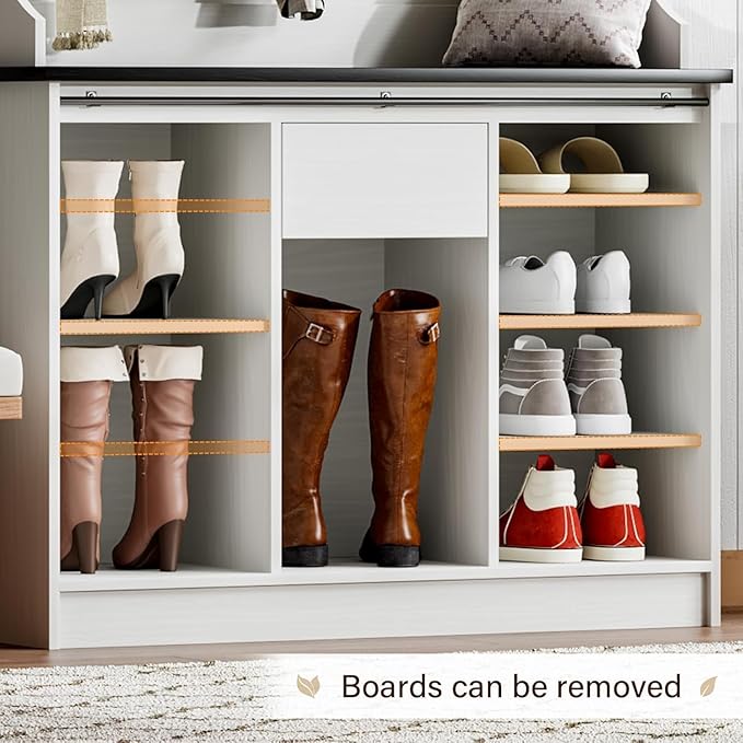 4ever2buy Farmhouse Hall Tree with Bench 5-in-1 Entryway Bench with Coat Rack with Sliding Barn Doors Entryway Coat Rack with Shoe Storage White
