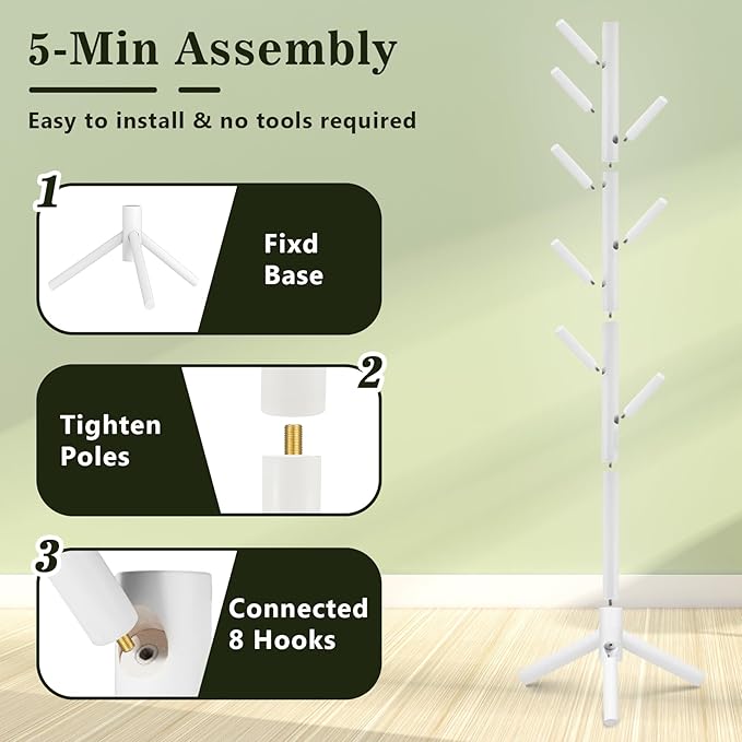 Wooden Coat Rack Freestanding with 8 Hooks,Easy Assembly New Zealand Pine Tree Coat Racks, 3 Adjustable Sizes for Clothes, Hats, Bags, for Entryway, Hallway, Bedroom, Office (White, 2 PCS)