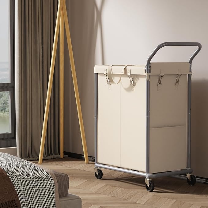 Laundry Hamper 2 Section, Rolling Laundry Basket with Wheels, Laundry Cart with Removable Liner, 37 Gallons (140L) Clothes Hamper, Blanket Dirty Clothes Basket Steel Frame with Handle(Beige)