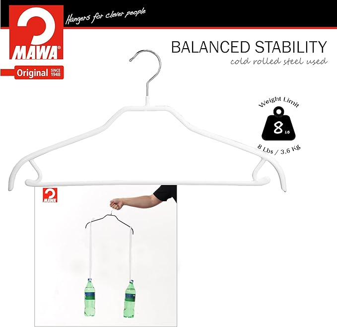 Mawa by Reston Lloyd Silhouette Series Non-Slip Space Saving Clothes Hanger with Bar & Hook for Pants and Skirts, Style 41/FRS, Set of 12, White