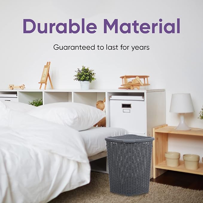 Plastic Corner Laundry Hamper with Lid, Curved Designed Laundry Basket, Triangle Grey Cloths Hamper Organizer with Cut-out Handles for Laundry Room Bedroom Bathroom, Wicker Design, 50 Liter